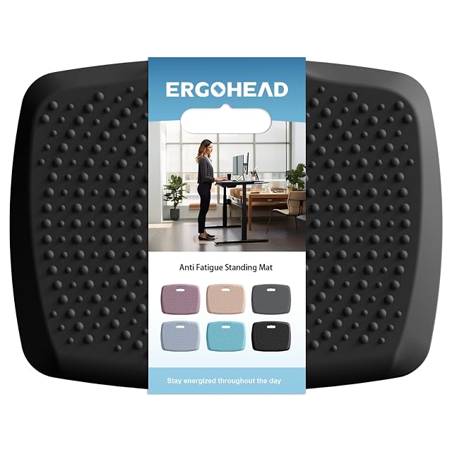 Ergohead black standing mat with massage points and a carrying handle