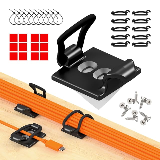 CableGenie black cable clip with a white elastic loop holding a bundle of cords
