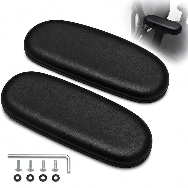 Pair of black PU office chair arm pads with mounting screws and a wrench