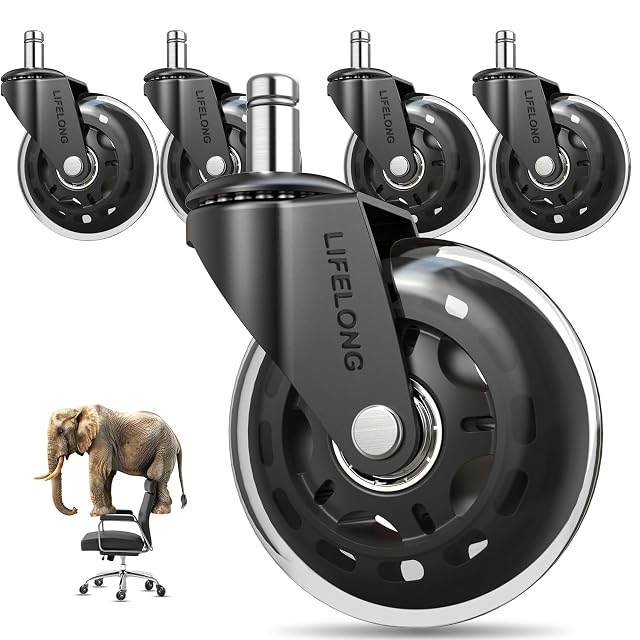 Five Lifelong polyurethane office chair casters with steel frames