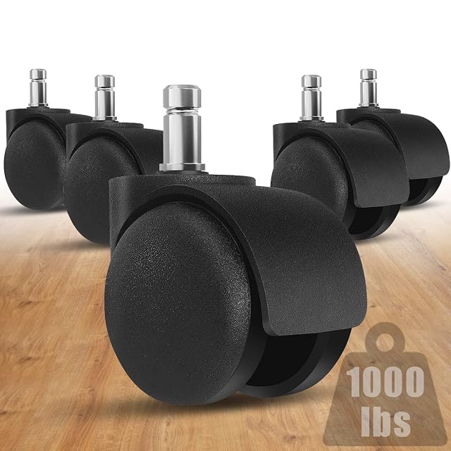 Five black plastic office chair casters on standard stems