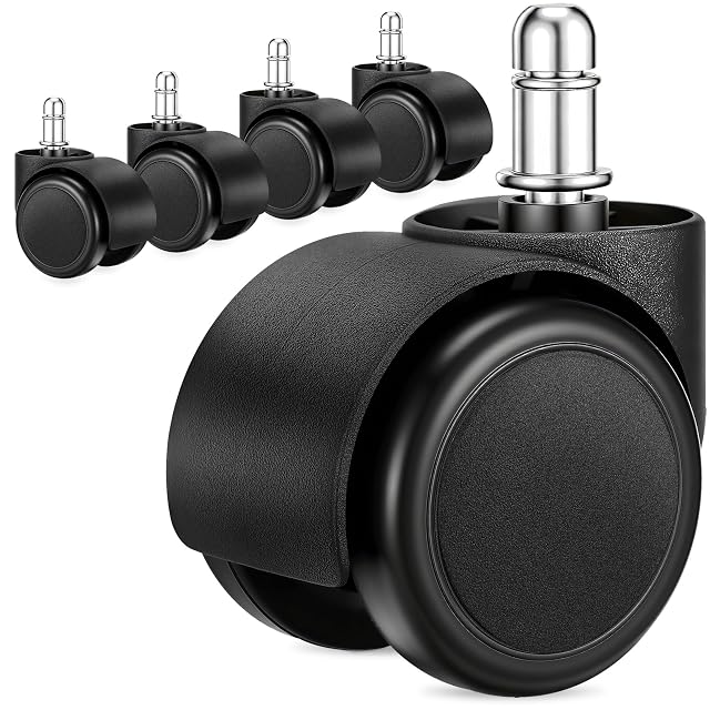 Set of five black rubber office chair casters with 11 mm stems