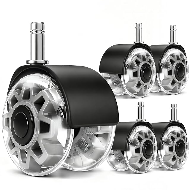 Five transparent dual-wheel rollerblade office chair casters