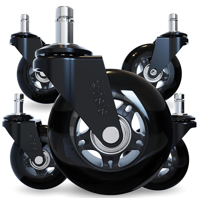 Five black rollerblade-style office chair casters with polyurethane wheels