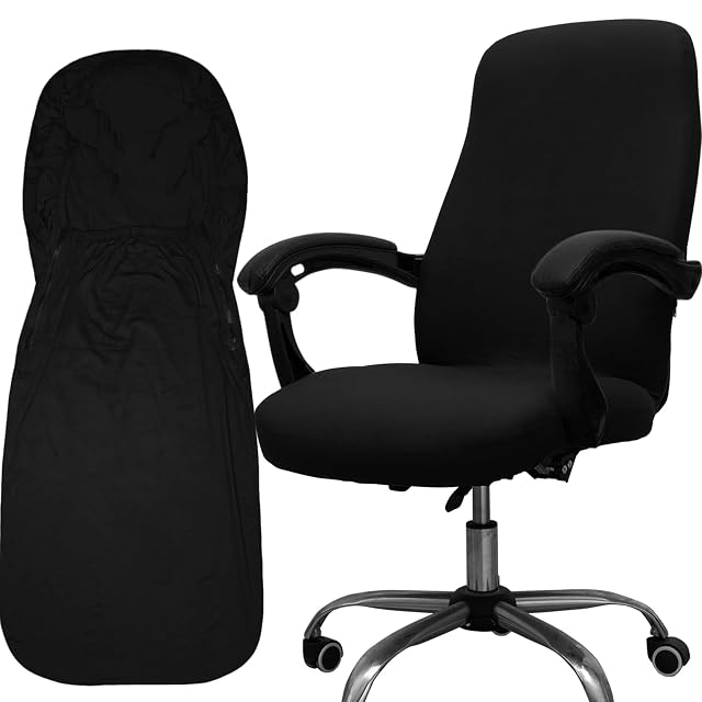 Melaluxe black stretch cover fitted over a full office chair