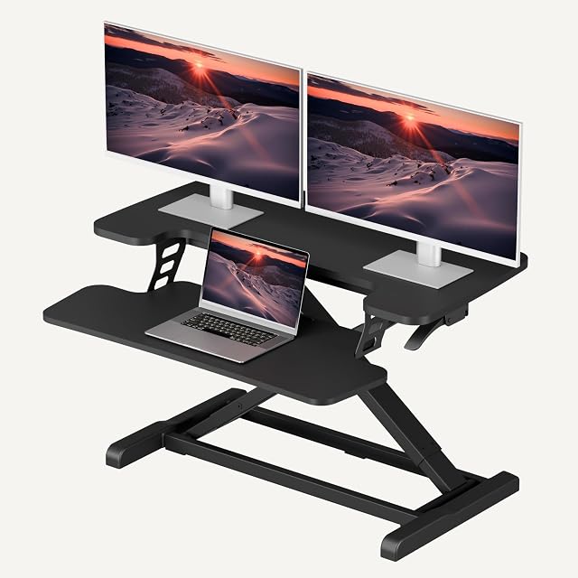 SANODESK black two-tier standing desk converter with its keyboard tray extended