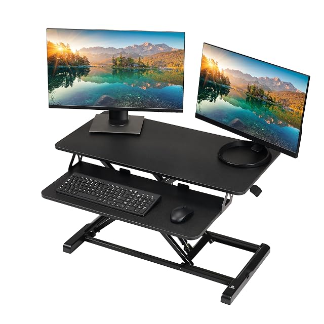TechOrbits black 32 inch standing desk converter with its keyboard tray