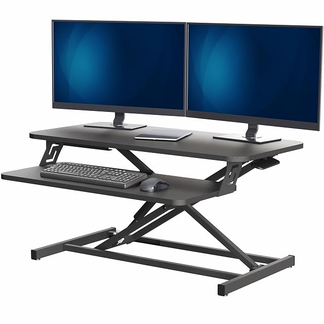 VIVO 32 inch pneumatic standing desk riser with a keyboard tray