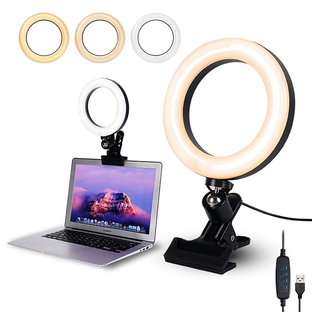 JAOXISOU 6.3 inch ring light clamped to a laptop screen