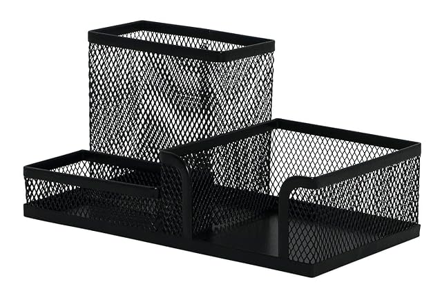 Q-Connect 3-compartment metal mesh desk organizer