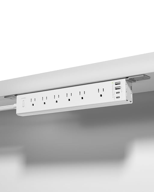 VIPWELL mountable power strip clipped under a desk with six outlets and four USB ports
