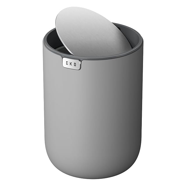 EKO Fandy grey desktop bin with its swing lid partly open