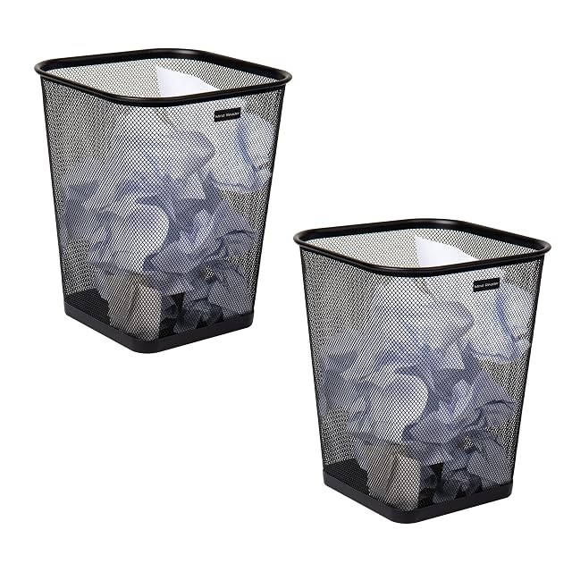Two Mind Reader square black steel mesh wastebaskets