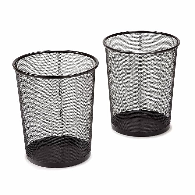 Two Seville Classics round black steel mesh wastebaskets