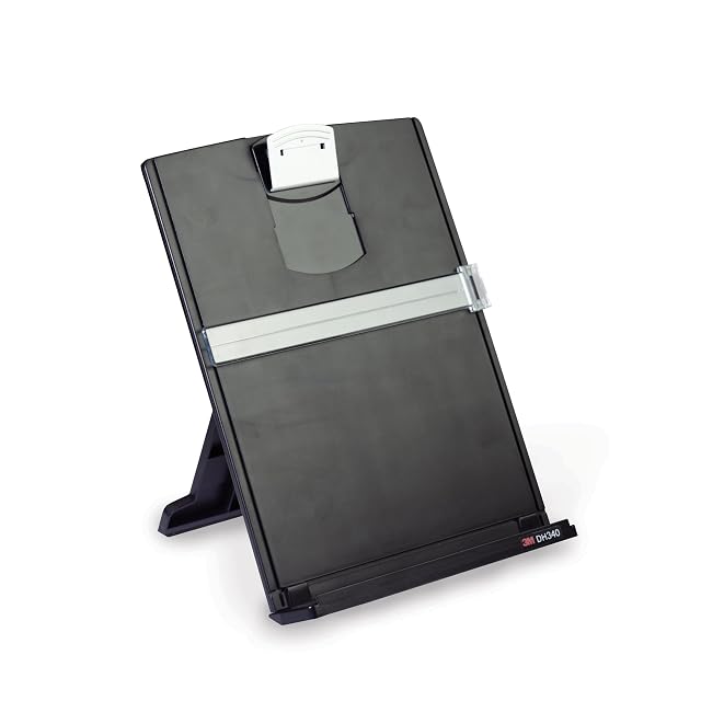 3M DH340MB document holder with a thick stack of paper in its grooved ledge