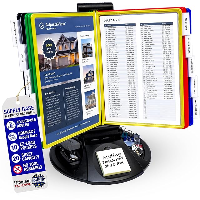 Ultimate Office AdjustaView reference display with ten document pockets on a round weighted base