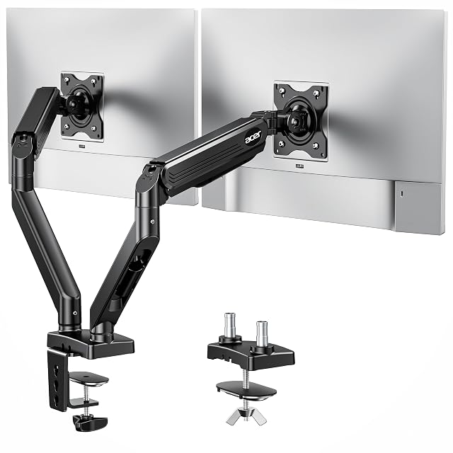 Acer black gas spring dual monitor arm with two screens in portrait and landscape