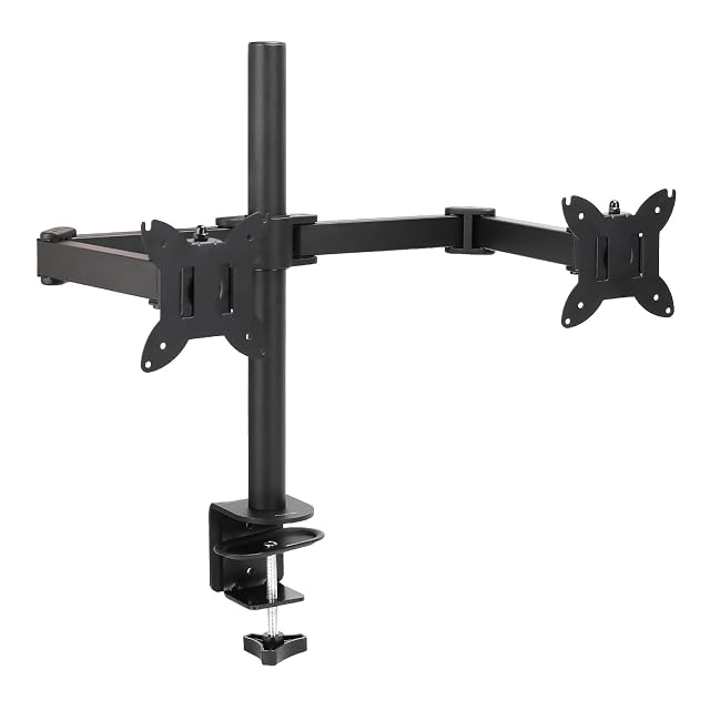 Amazon Basics black dual monitor desk mount with two tensioned arms