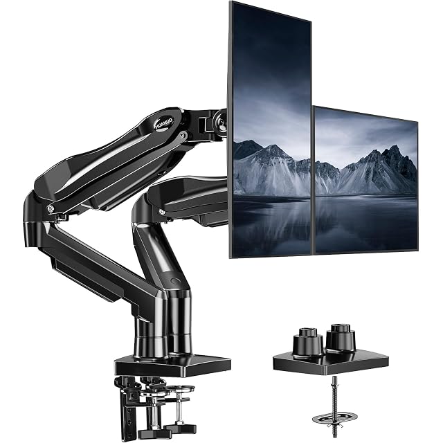 HUANUO dual monitor mount holding two 24 inch screens on a C-clamp base