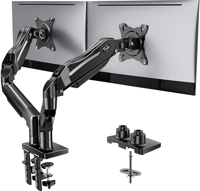 HUANUO black dual monitor mount on a dual C-clamp base