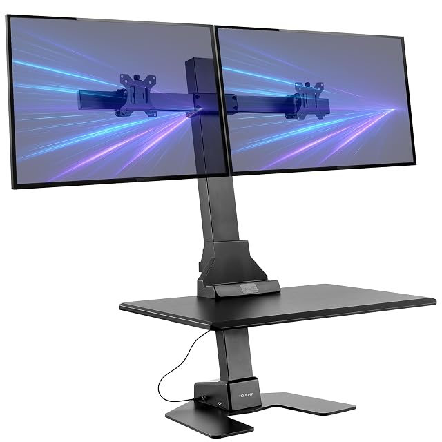 Mount-It! electric standing desk converter with two monitors on VESA arms