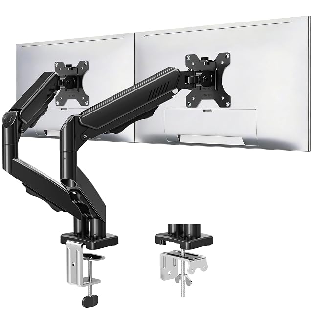 MOUNTUP black dual monitor mount holding two screens side by side