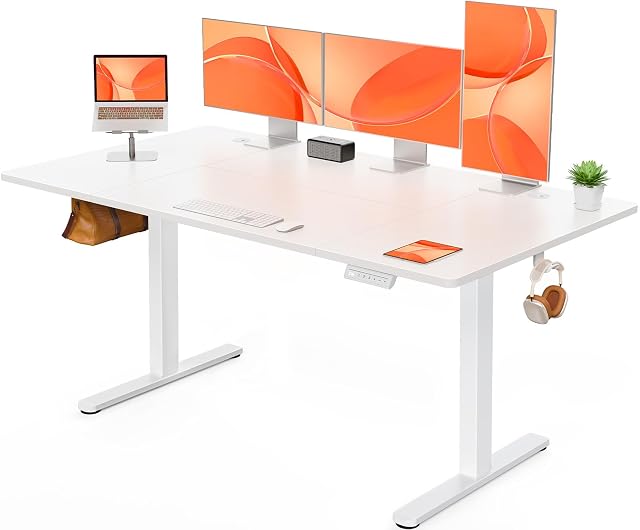 ErGear electric standing desk with white frame and wood-effect top