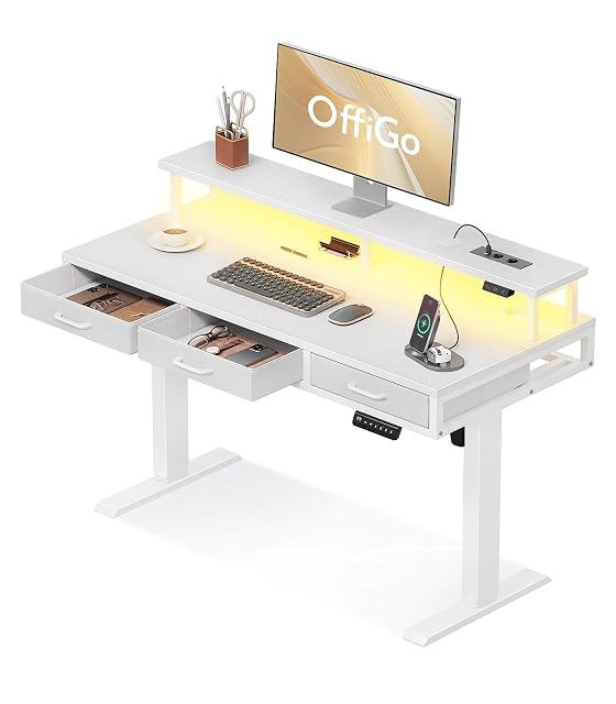 OffiGo electric standing desk with drawers and monitor stand