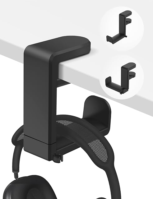 Celerion rotating headphone hook clamped under a desk with a cable in its rack
