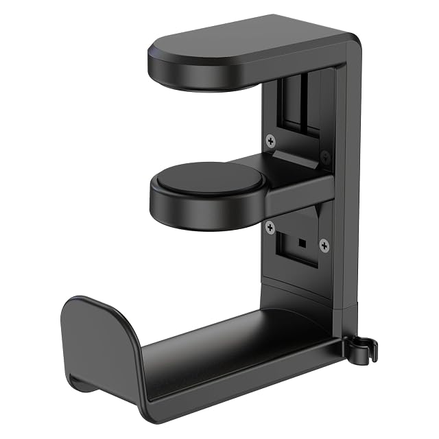 EURPMASK rotating headset hanger clamped to a desk edge