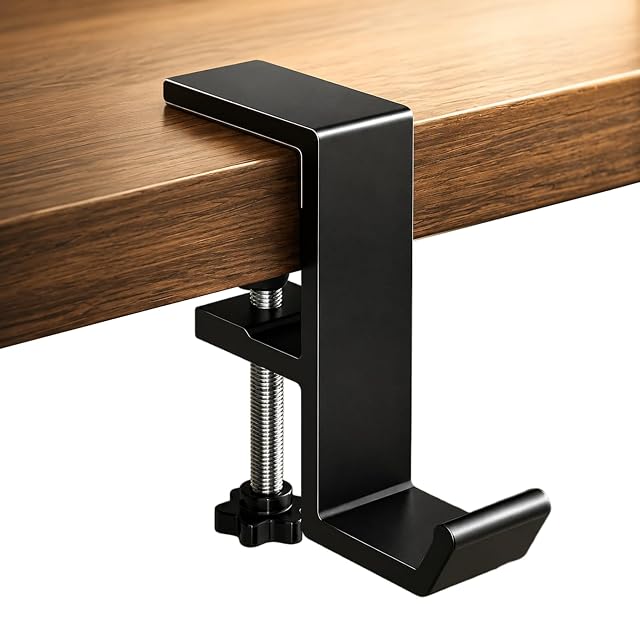 JAKO aluminum headset hook clamped under a desk edge