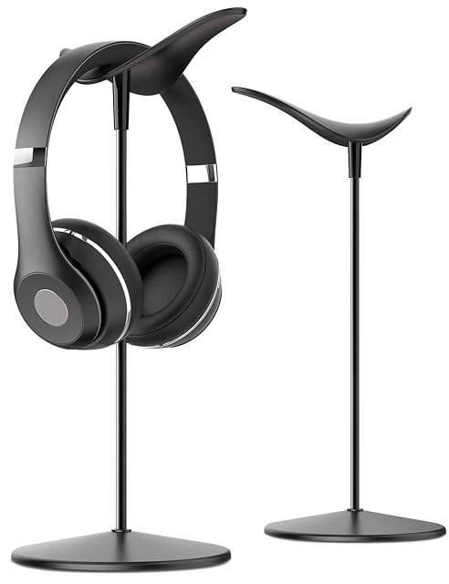 Lamicall H1 headset stand on a desk with headphones resting on the curved cradle