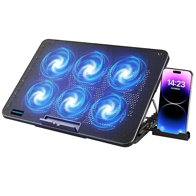 LIANGSTAR laptop cooling pad with six fans and a raised laptop
