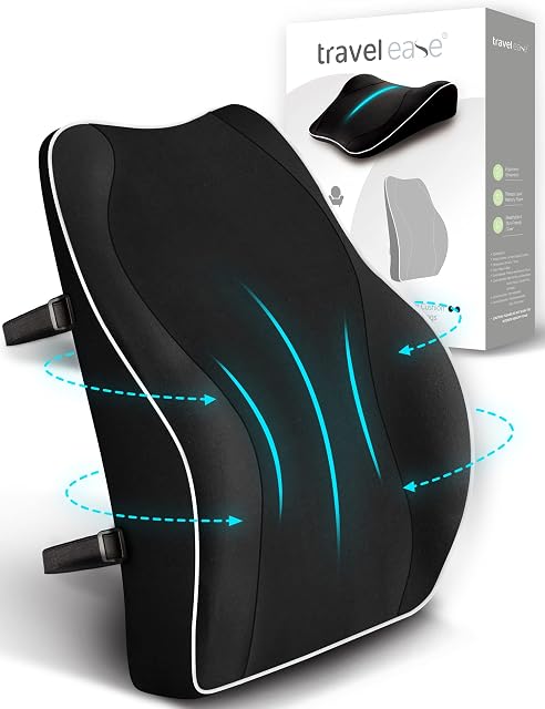 Travel Ease memory foam lumbar support cushion strapped to a chair