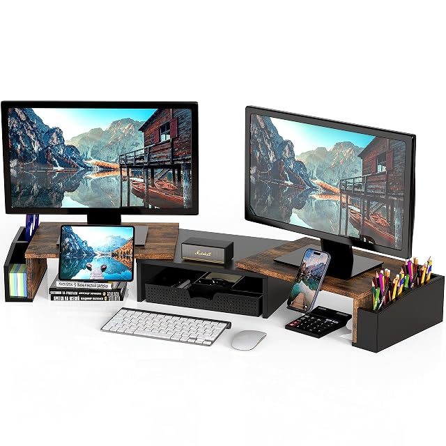 Simple Houseware extending dual-monitor riser in rustic brown with its drawer open
