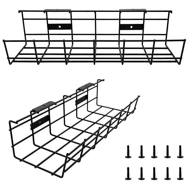 Two COYACOOL metal cable trays screwed under a desk, one holding a power strip