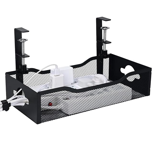 G.Sumiker extra-large ventilated cable tray clamped under a desk holding a power strip and adapters