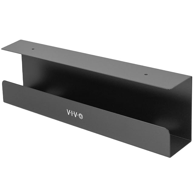 VIVO low-profile black cable tray screwed under a desk with cables routed through it