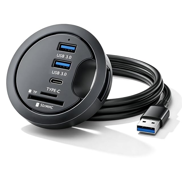 Leikurvo USB hub mounted flush in a desk grommet hole