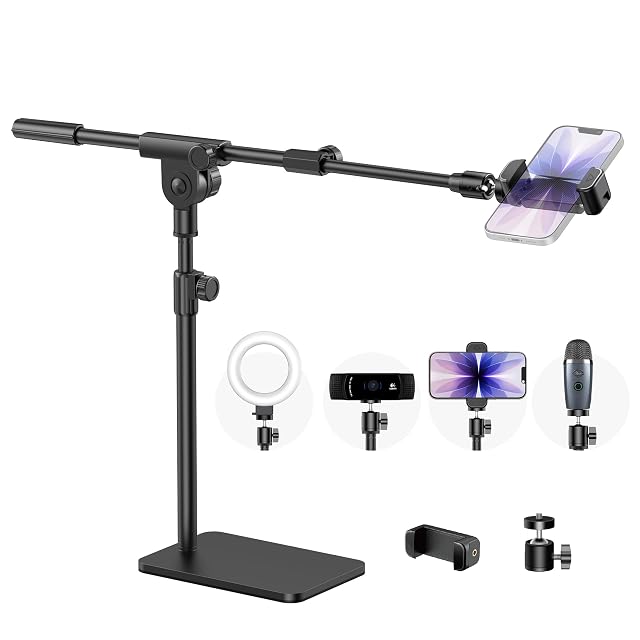 InnoGear overhead boom arm on a heavy metal base holding a phone above a desk