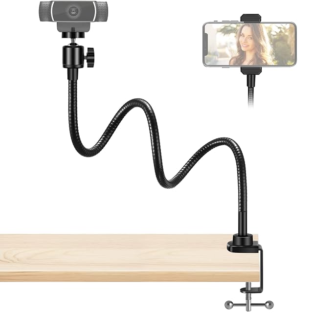 InnoGear gooseneck webcam stand clamped to a desk with a phone in its holder