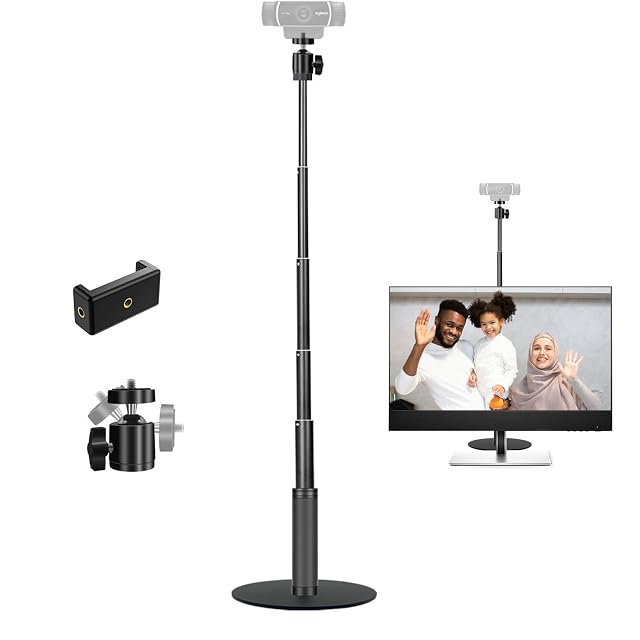 JCWINY telescopic aluminum webcam stand with a metal base and ball head