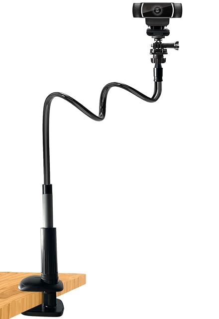 JCWINY black gooseneck webcam stand clamped to a desk with a webcam on top