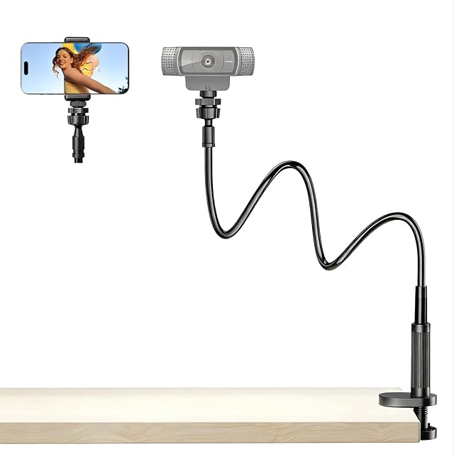 Voinap long gooseneck webcam stand clamped to a desk, curved over a monitor